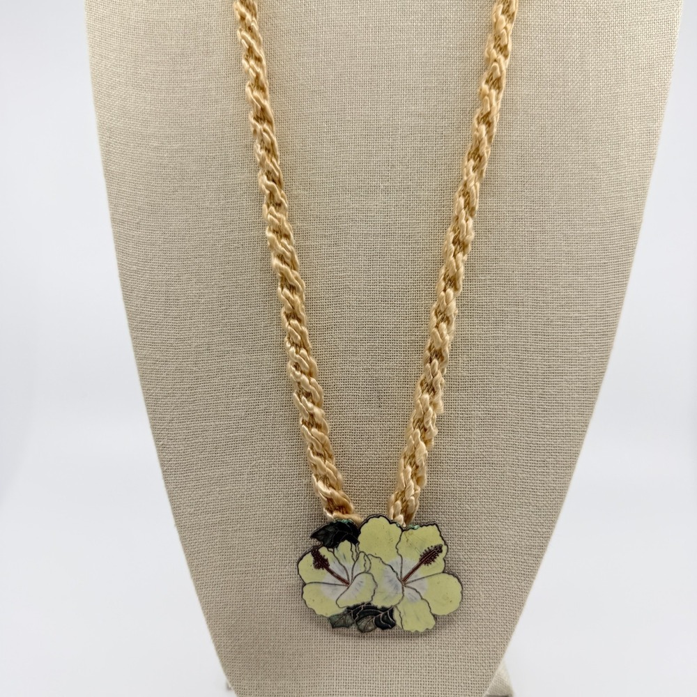 Vintage Cloisonne Hibiscus Flower Necklace with Silk Cord Boho Charm - Picture 3 of 9
